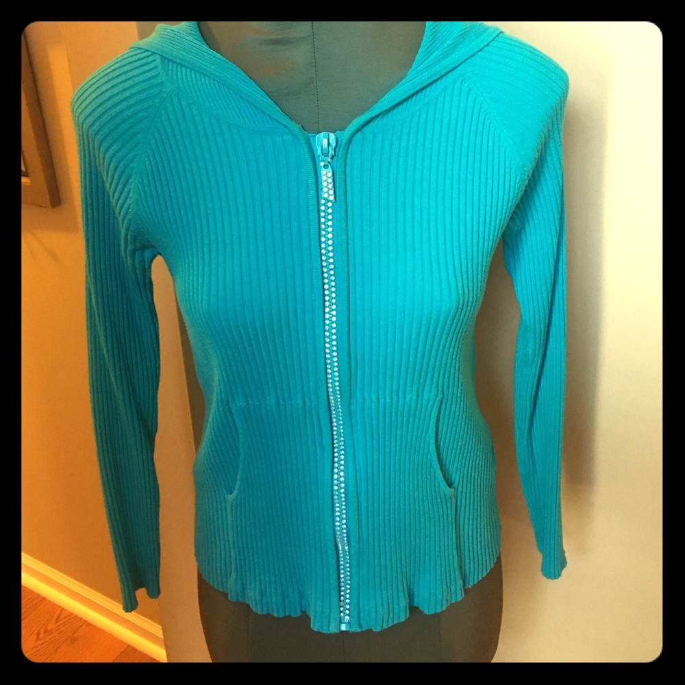 Turquoise Rhinestone Zip Down Sweater L